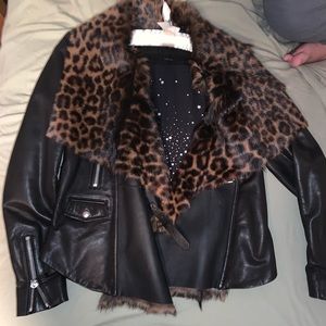 Black Leather Jacket with Faux Cheetah Fur